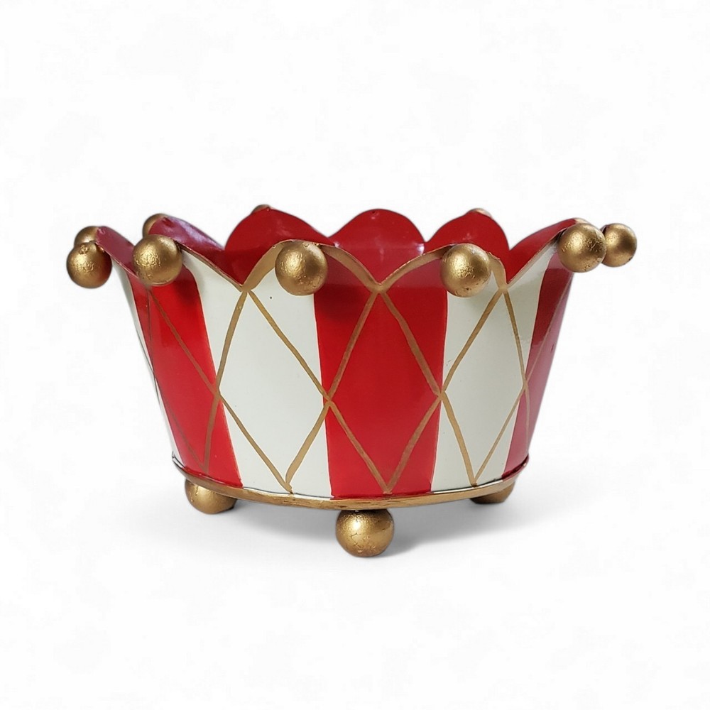 Hollywood Regency Red Tole Cachepot Bowl Gold Crown Centerpiece MCM