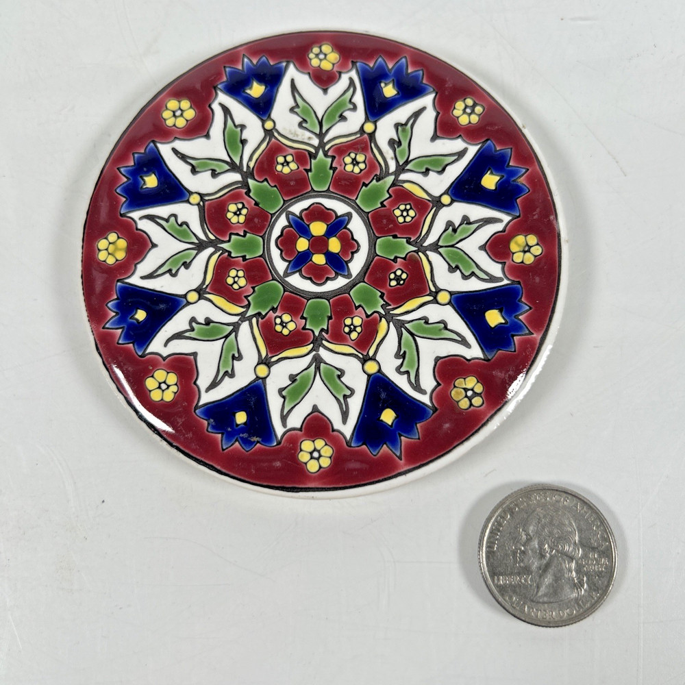 Nassos Keramik Ceramic Art Tile Coaster Hand Made Rodos Hellas Greece Round 3.5″