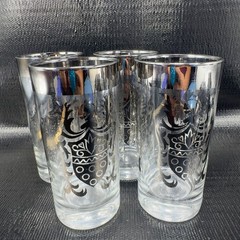 Vintage Kimiko Signed Silver Rimmed Knight Shield Highball Glasses Tumblers Set4