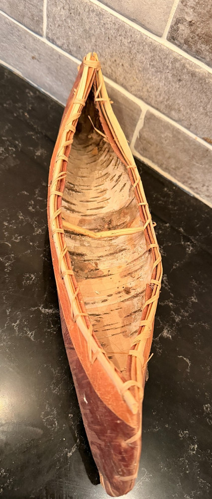 Vintage Handmade Birch Bark Canoe Model 14.5″ Rustic Folk Art Cabin Decor