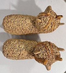Vintage Spaghetti Pottery Lamb Ram Sculpture Figurine Poland Signed SET of 2