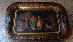 Antique 1800s Tin Metal Toleware Hand Painted Tray Courtship Man Woman Folk Art