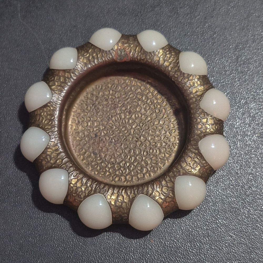 VTG Fisher Jewel Tray Art Deco Vitro Agate Hammered Brass White Marbles-READ*