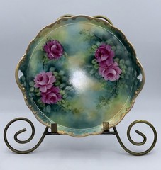 Antique Limoges Hand Painted Gold Scalloped Edge Handles Pink Roses Beauty10”