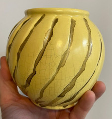 Vintage Hand Made Ceramic Yellow & Gold Globe Vase Marked E-45 Made in USA Decor