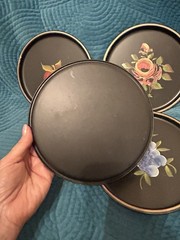 Vintage Hand painted Toleware On Metal -4 Pieces W Gorgeous Fruit & A Pink Rose