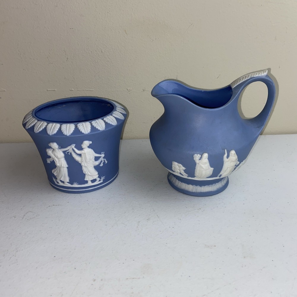 Jasperware Pitcher Jug Neoclassical & Vase Pot Bowl Wedgewood Blue 2pc