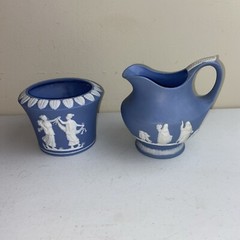 Jasperware Pitcher Jug Neoclassical & Vase Pot Bowl Wedgewood Blue 2pc