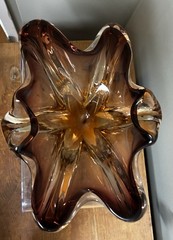 Vintage Murano Hand Blown Art Glass Bowl Brown Amber Ombre Heavy MCM