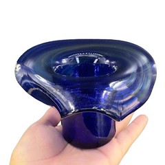 1980s Art Glass Hat Shaped Dish Bowl Clear Cobalt Blue Swirls Folded Edges VTG