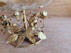 Flamingo Crystal Pedestal Bowl Dish 24KT Gold Gilt Holland Vintage Tole Roses