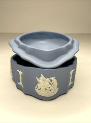 Wedgwood Blue Jasperware Oval Trinket Box Lid Scalloped Cherubs Dogs