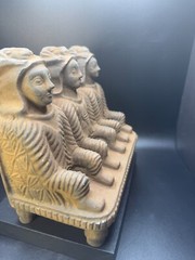 Rare Bactrian Sandstone Sculpture – Seated Trio – Ancient Central Asian Artifact
