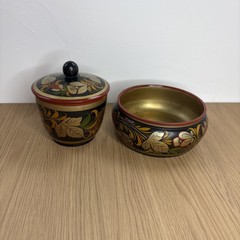 Russian Khokhloma wood Bowl Lid Pot, traditional hand-painted floral motifs Gold