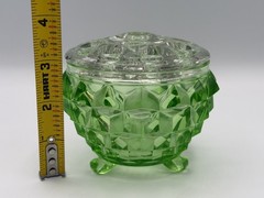 Vintage Green Uranium Glass Diamond Point Footed Dish w Clear Flower Frog Insert
