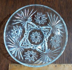 Vintage Unbranded, Clear, Etched Crystal Bowl, 7 in., Flower & Sunburst Pattern