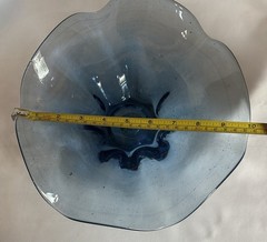 Hand Blown Art Glass Bowl – Blue Clear – Ruffled Edge – Vintage MCM – 10”
