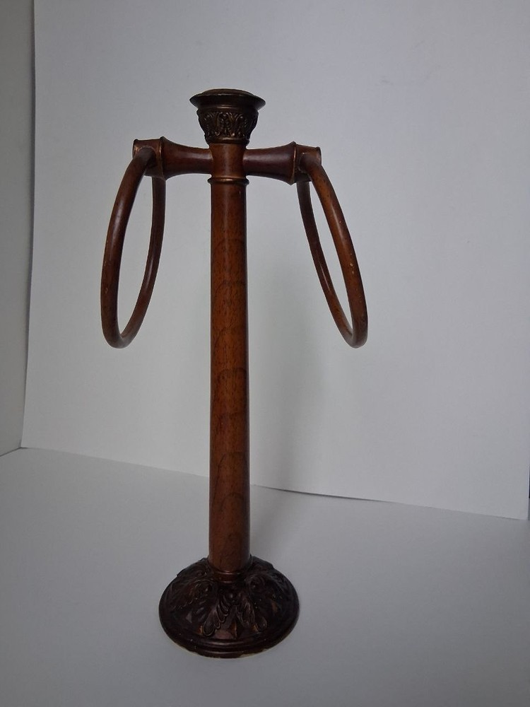 Vintage Wooden Display Stand with Double Rings — Ornate Base, 14” Tall