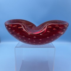 MCM Murano Ruby Red Bullicante Art Glass Controlled Bubble Ashtray Dish Bowl