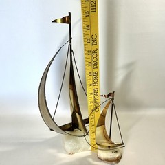 2 Vtg De Mott Brass & Copper Sailboats Art Sculpture Onyx Bases Nautical EVC