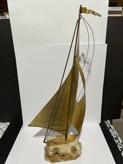 DEMOTT Signed Brass Sailboat On Onyx Base Sculpture Mid Century Modern 15” Tall