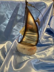 Vintage DeMott Signed Brass Sailboat Rock Quartz Base Nautical Boat Sculpture