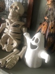 2 Polish Pottery Ceramic Ghost Lantern Figurines White Lace and BOO