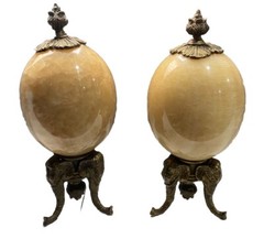 Set Of 2 Alabaster Egg on Three Legged Brass Stand with Elephants HEAVY!!
