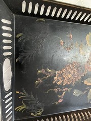 Antique Black Toleware Tray Long Hand Painted Reticulated Metal 24.5 x 12.5”