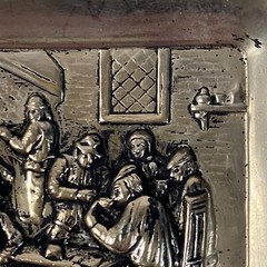 Antique Collectible Metal Cigarette Ashtray Men Sitting Around A Table Rare