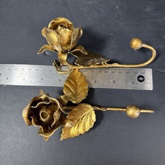Pair Of Italian Tole Metal Rose Wall Hook Antique Gold Finish 6″ MCM VTG
