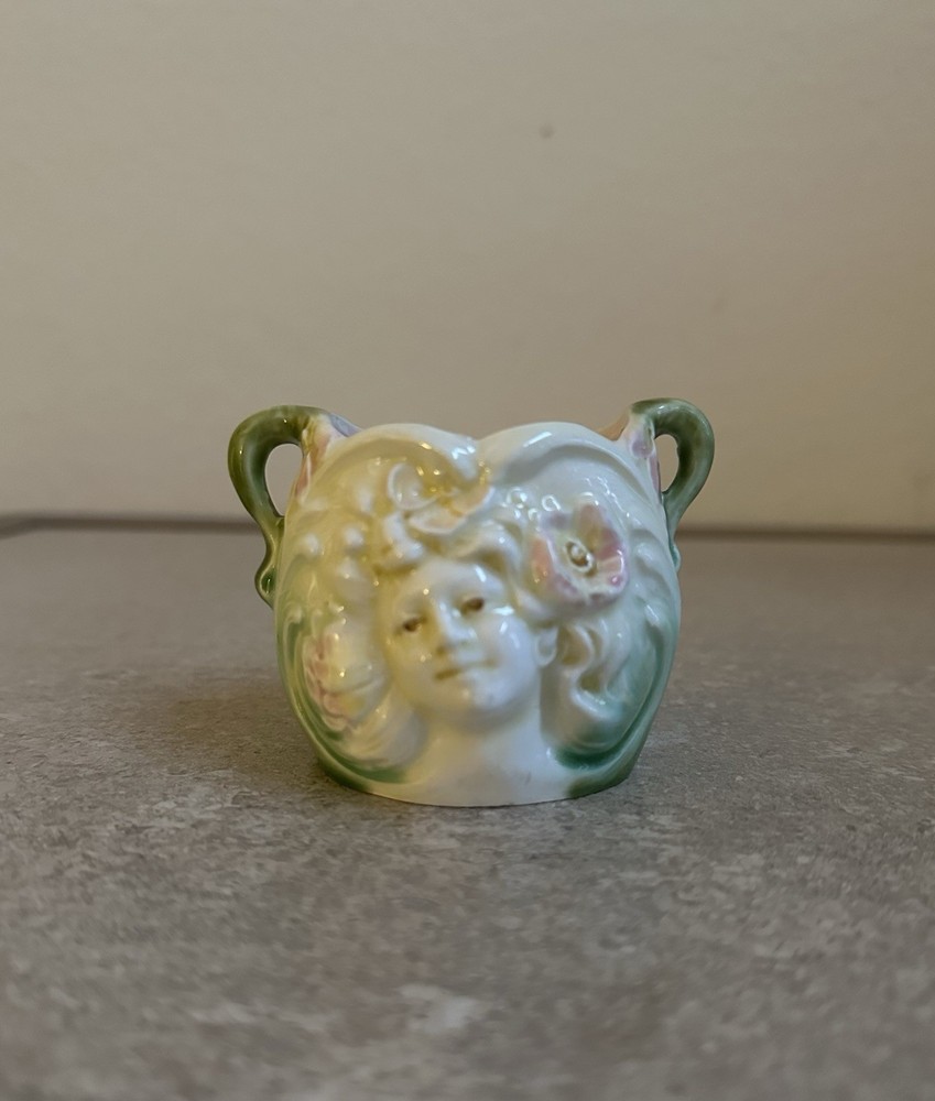 Antique Majolica Figural Lady Face Cup Toothpick Holder Victorian Art Nouveau