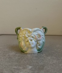 Antique Majolica Figural Lady Face Cup Toothpick Holder Victorian Art Nouveau