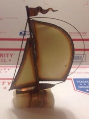 DeMott Vtg. Sail Boat Brass Copper Art Sculpture On Onyx 9.5″ Base Signed