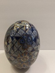 VTG Hand Painted Cloisonne Egg Blue Gold White Floral Geometric Design