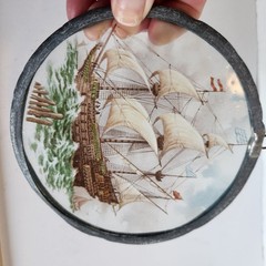 Antique 1910 Reverse-Paint Glass Galleon Ship Scene Edwardian Wall Decor Plaque