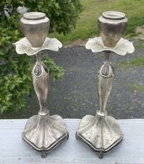 Pair of Antique – Vintage Art Nouveau Silver Tone Candlestick Holders Victorian