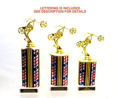 SET OF 3 MOTORCYCLE TROPHIES, CHOPPER WEEL UP TROPHIES R-W-B TROPHY