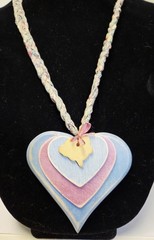 Cottagecore Blue Pink Wood Hearts Rabbit Hang Decor Braided Fabric Vtg Necklace