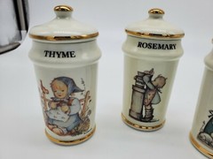 3 1987 Vintage MJ Hummel Porcelain Spice Jars AG Cham Switzerland Thyme Rosemary