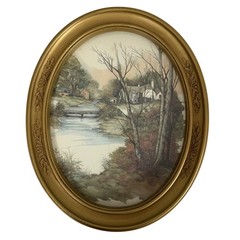 Vintage HOMCO Gold Toned Oval Frames Pair Countryside Themed Prints MADE IN USA