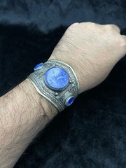 Vintage Afghani Silver Handmade Adjustable Bangle With Lapis Lazuli Stone