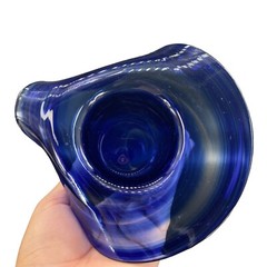 1980s Art Glass Hat Shaped Dish Bowl Clear Cobalt Blue Swirls Folded Edges VTG