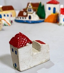 Ceramic Mini Greek Village (8) Houses Church Boat Handmade Hand-Painted