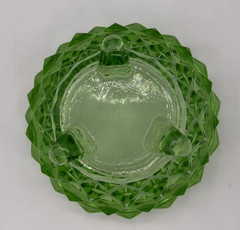 Vintage Green Uranium Glass Diamond Point Footed Dish w Clear Flower Frog Insert