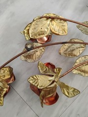 Vintage Brass Metal Wall Hangings, 19″ Set of 2. Copper Roses, MCM