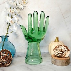 Green Depression Style Glass Hand Ring Holder, Jewelry Box, VTG Style, Retro