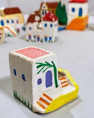 Ceramic Mini Greek Village (8) Houses Church Boat Handmade Hand-Painted