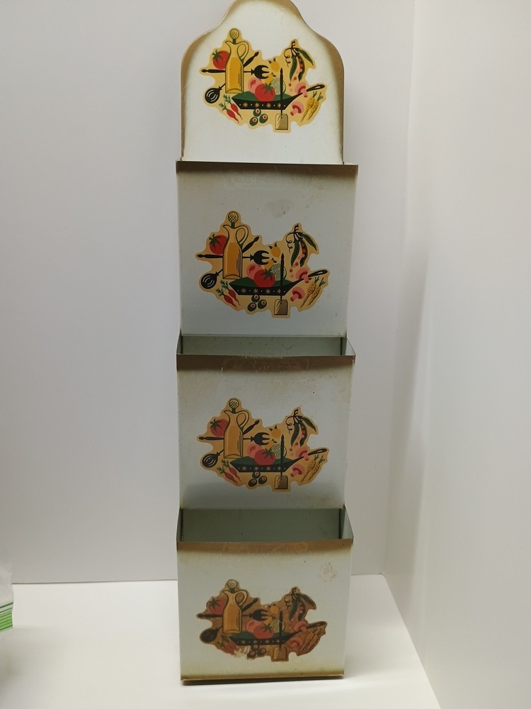 Vintage Kitchen Tole Ware Wall Organizer Pocket Vegetables & Skillet Farmhouse