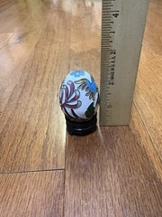 Vtg Cloisonne Enamel Egg On Wooden Stand Blue Bird & Floral